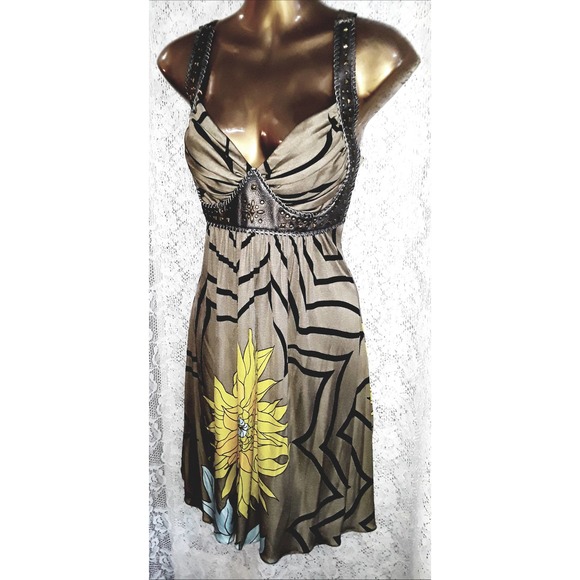 NWT Sky Sz Med Silk and Leather Gladiator Style Empire Waist Dress - Picture 2 of 10